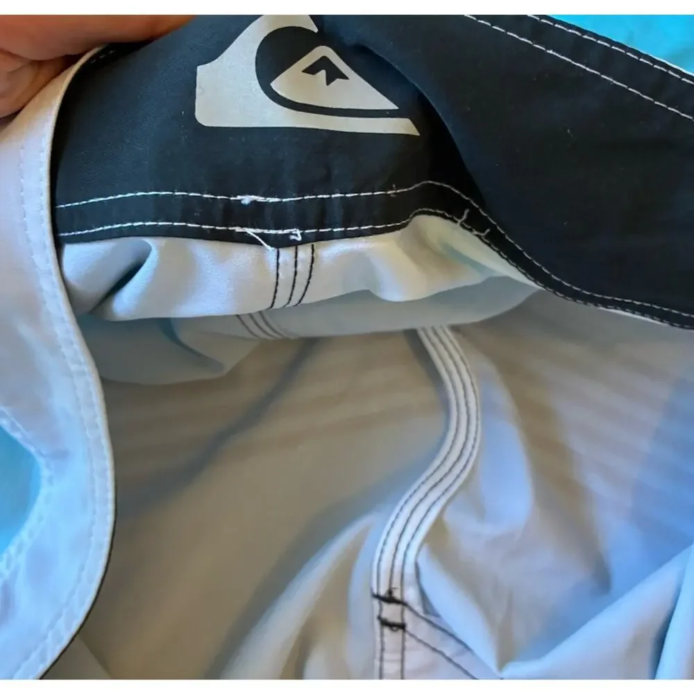 Quiksilver Board Shorts Mens 36 Blue Stripes Black Swim Trunks Beach Surf Retro